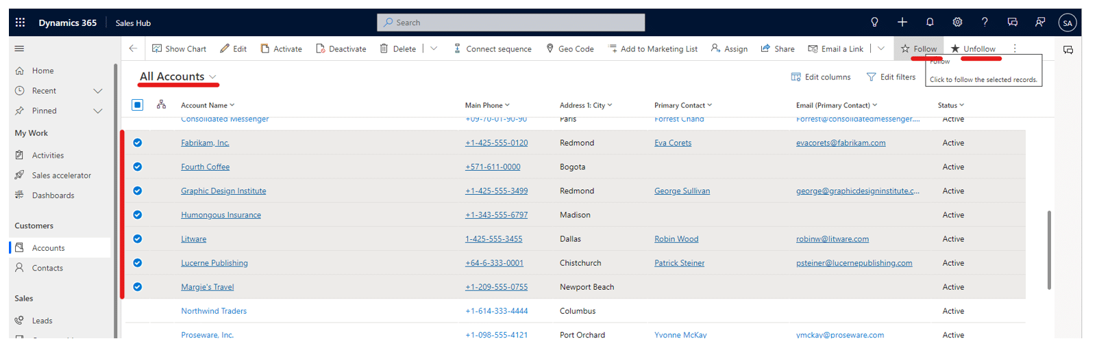 Follow records from within a view in Dynamics 365 CRM 2