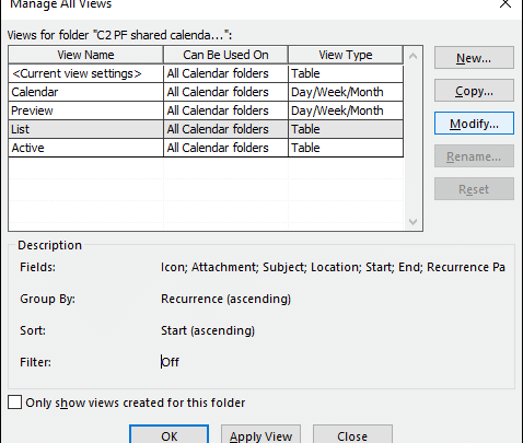 Microsoft Outlook Manage all views