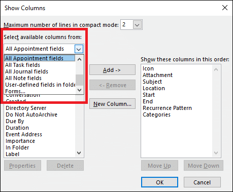 Microsoft Outlook editing a view