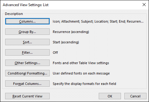 Microsoft Outlook modifying list view