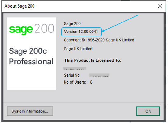 Sage 200 version number